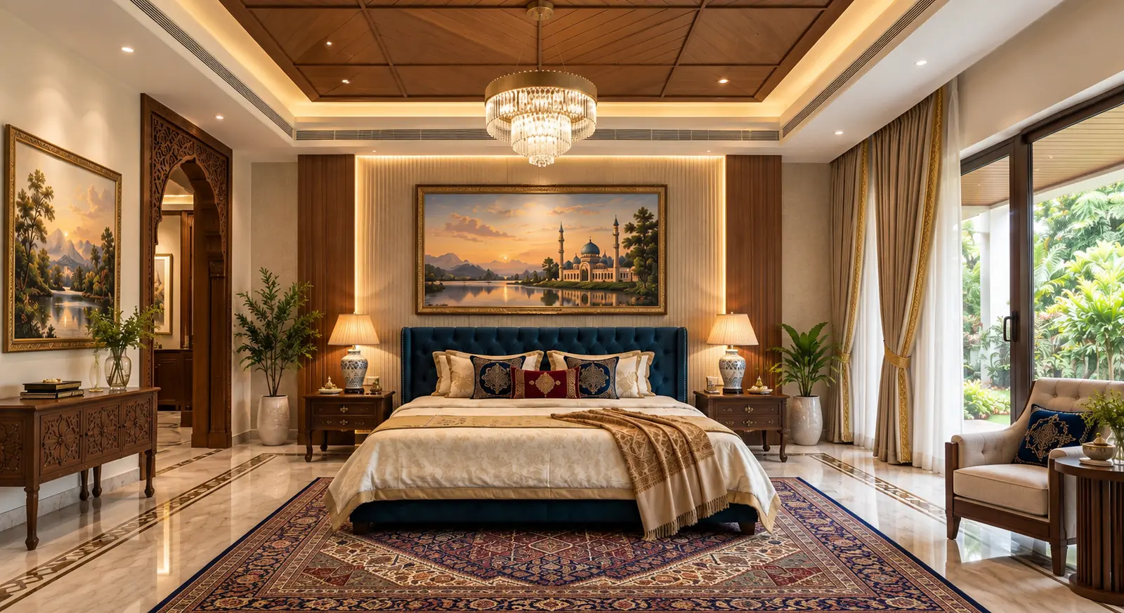 A bedroom with a tufted navy bed, carved side tables and an arched wooden doorway