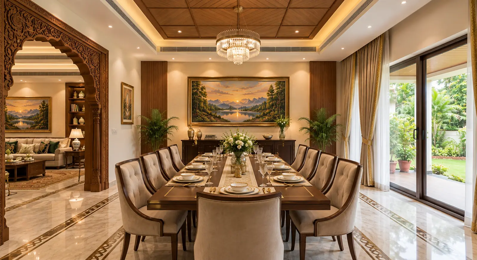 A long walnut dining table set for a meal with tufted cream chairs under a crystal chandelier