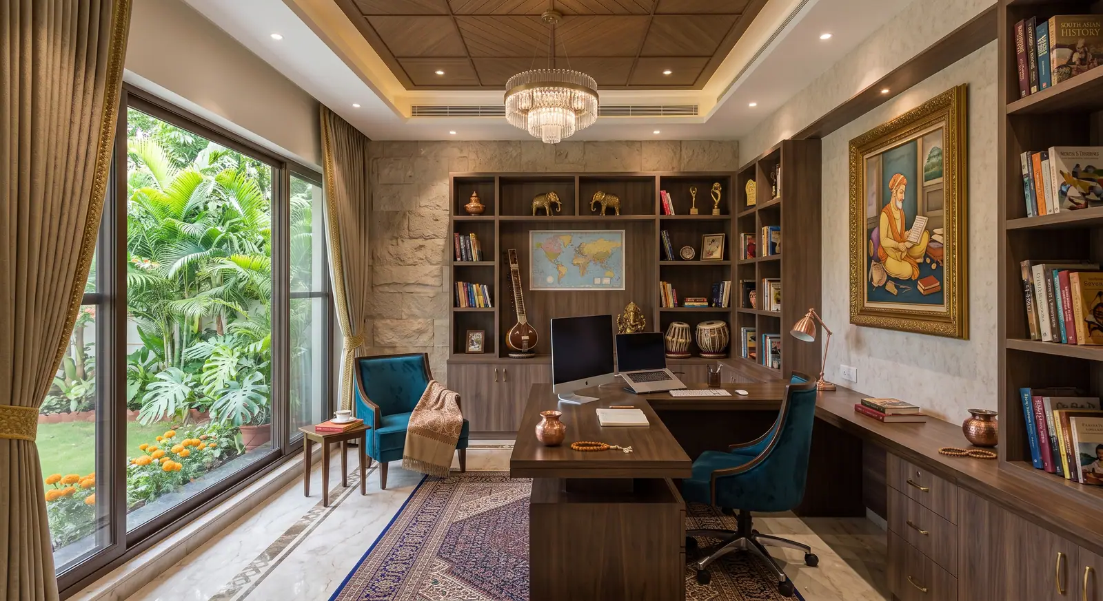 A home study with a timber desk and built-in bookshelves