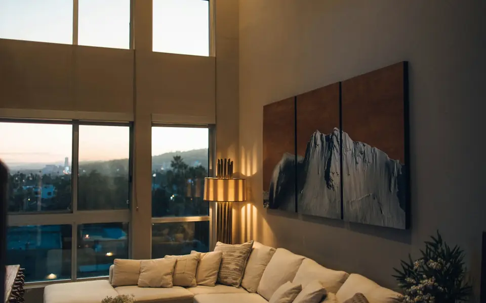 Living room in warm, layered evening light